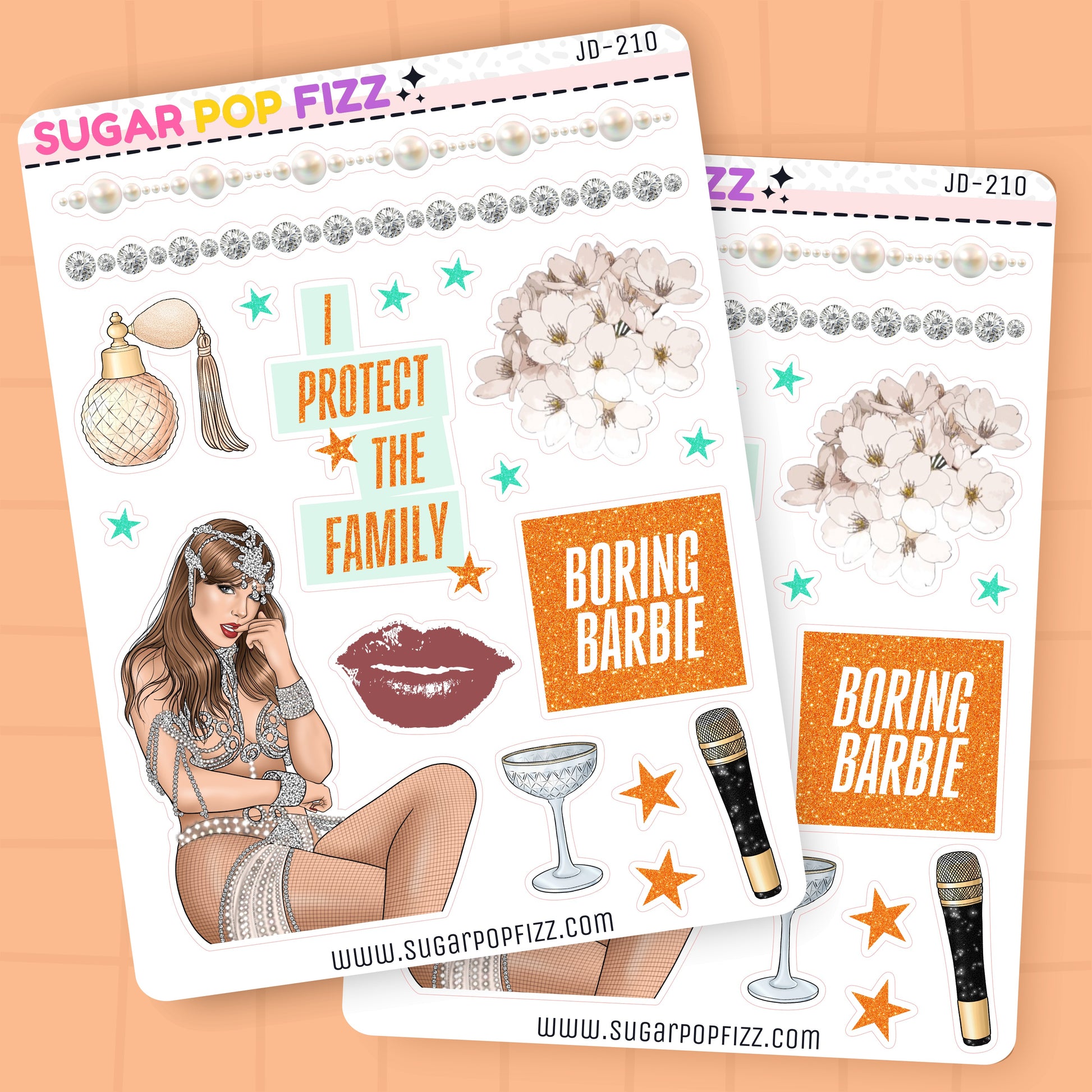 Two stickers with 'Boring Barbie' text and decorative elements on a white background.