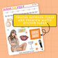 Sticker sheet with illustrations and text on a peach background, featuring the brand 'Sugar Pop Fizz'.