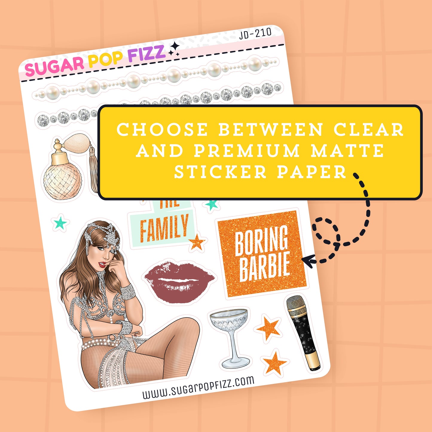 Sticker sheet with illustrations and text on a peach background, featuring the brand 'Sugar Pop Fizz'.