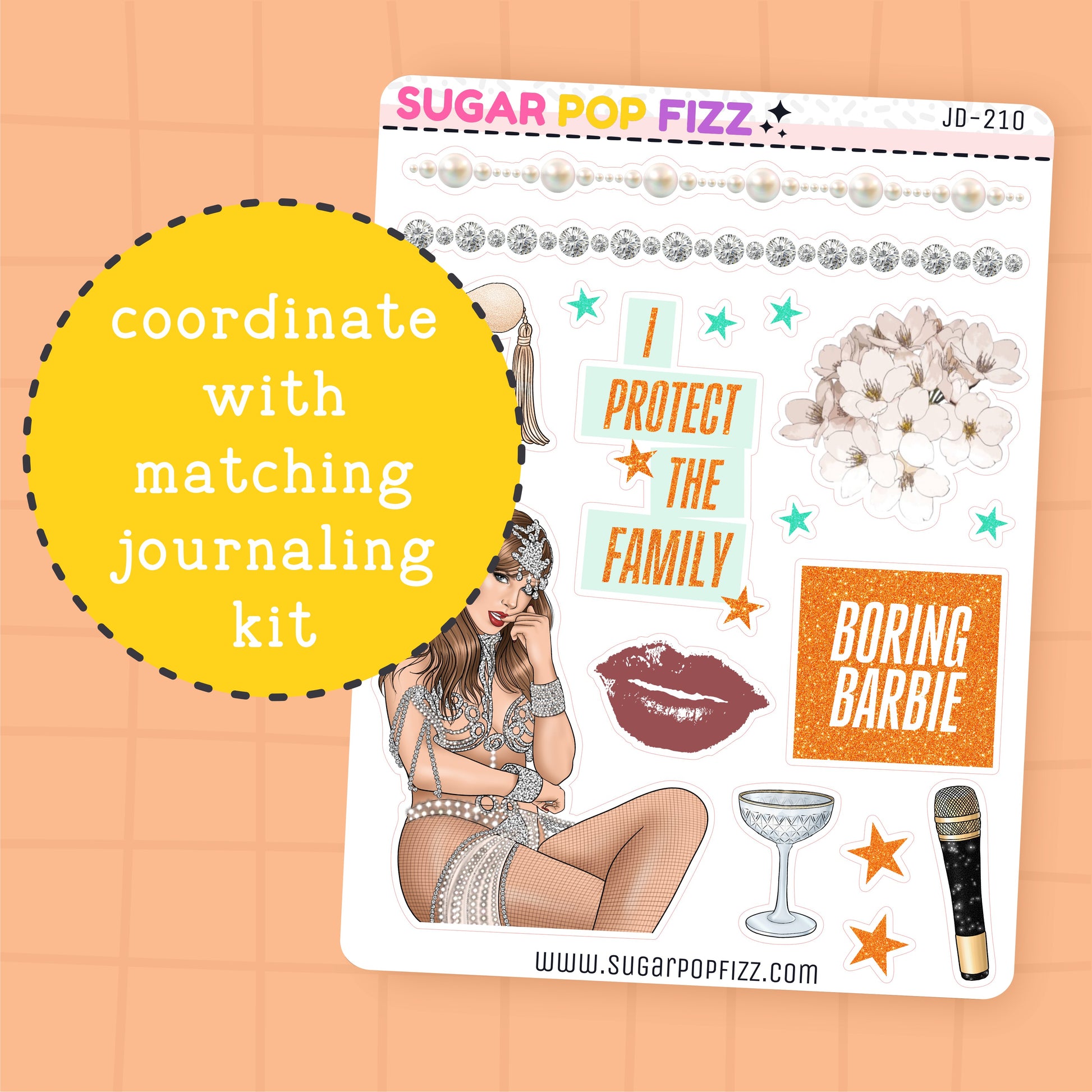 Sticker sheet with various designs and text on a peach background, featuring the brand 'Sugar Pop Fizz'.