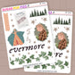 Two sheets of decorative stickers themed around taylor swift's evermore album with illustrations and text on a beige background.