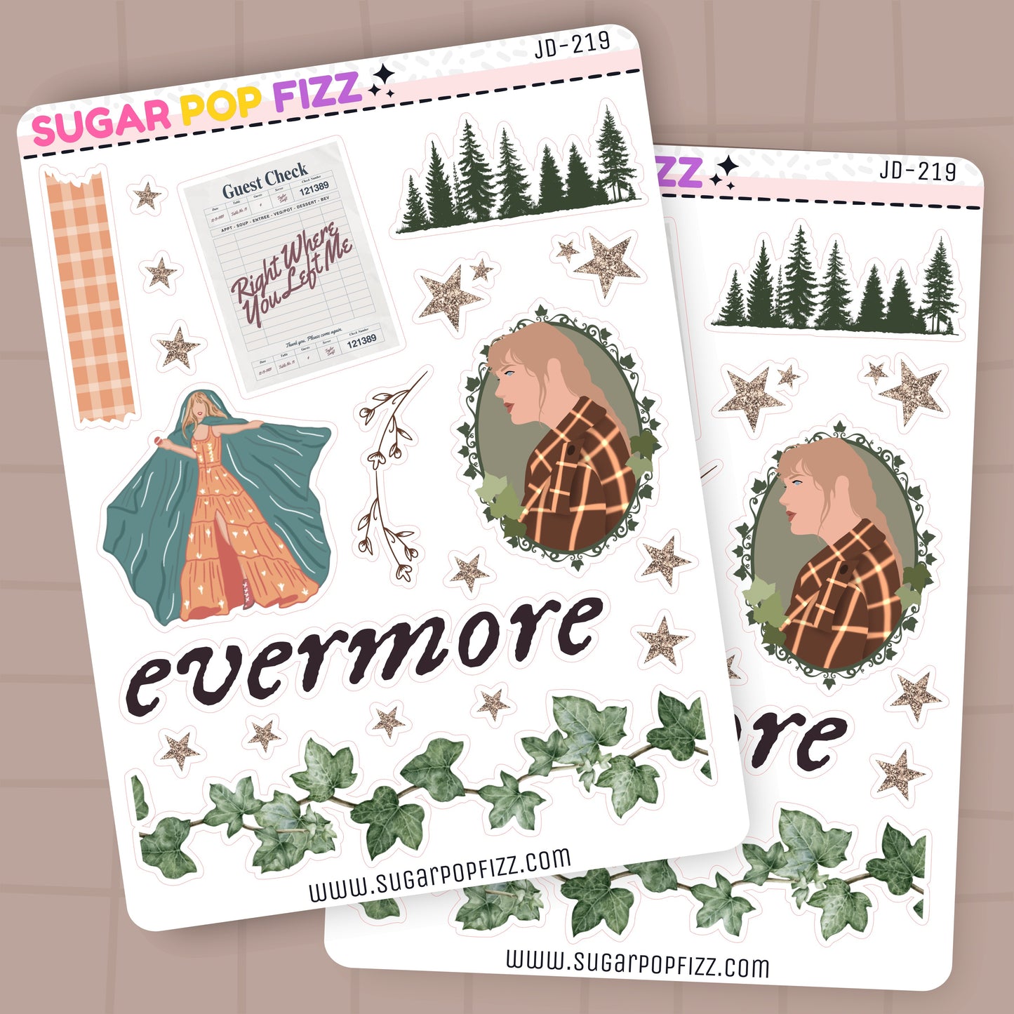 Two sheets of decorative stickers themed around taylor swift's evermore album with illustrations and text on a beige background.