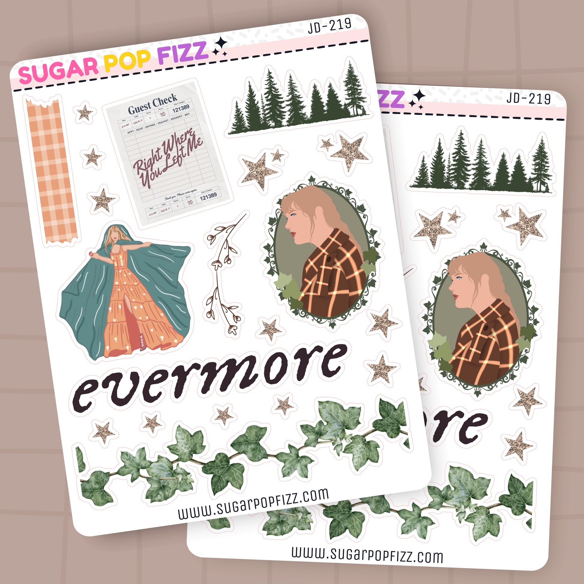 Two sheets of decorative stickers themed around taylor swift's evermore album with illustrations and text on a beige background.