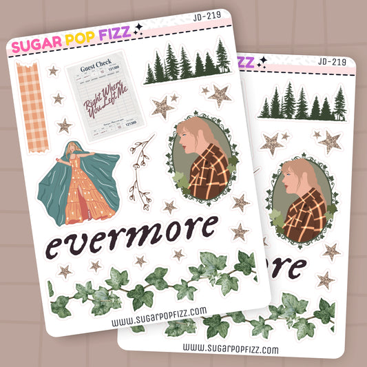 Two sheets of decorative stickers themed around taylor swift's evermore album with illustrations and text on a beige background.