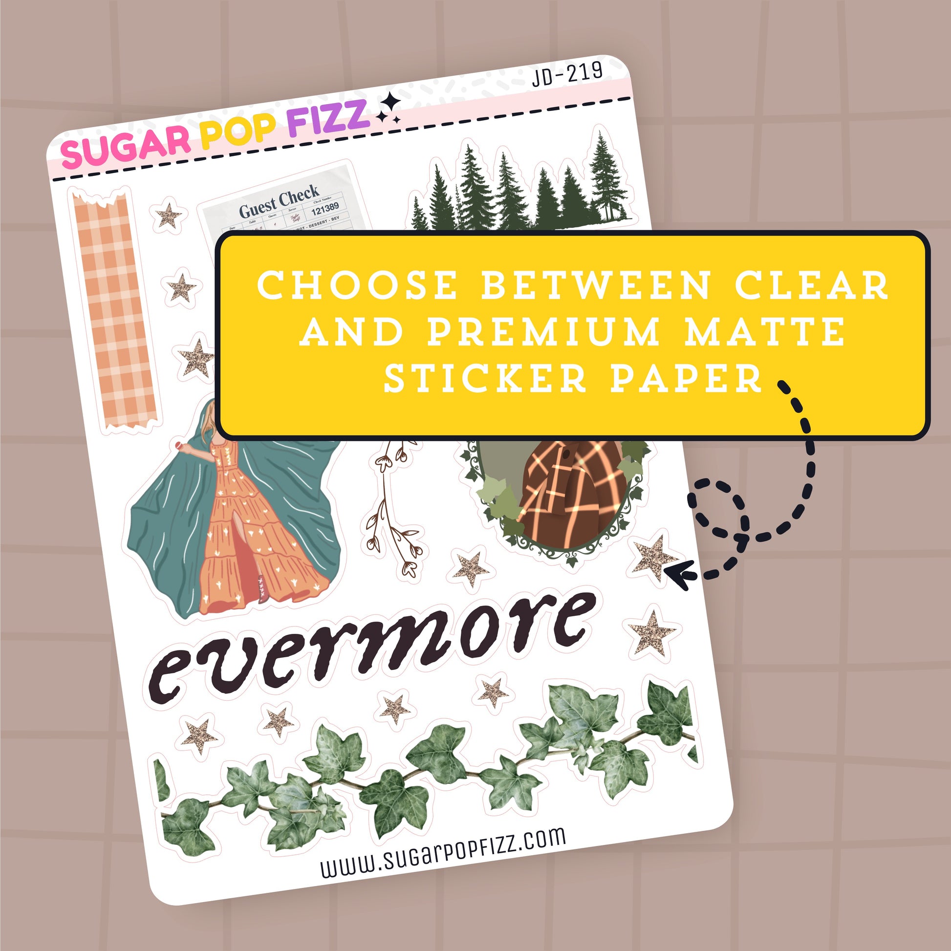 Sticker sheet with various designs themed around taylor swift's evermore album on a brown background, featuring text about sticker paper options.