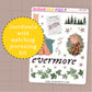 Sticker sheet with illustrations and text themed around taylor swift's evermore album on a brown background,  there is a yellow circle with text that reads " coordinate with matching journaling kit"
