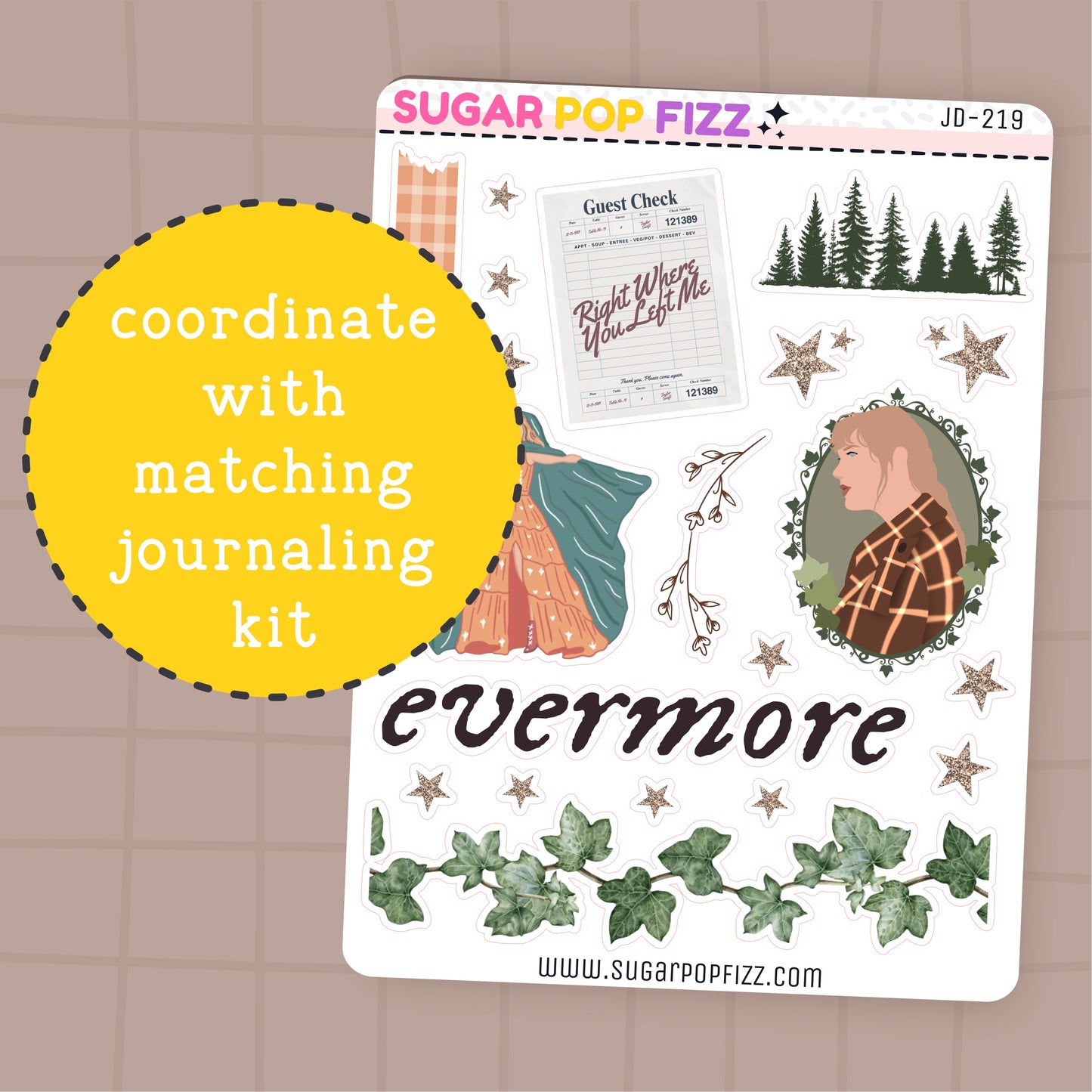 Sticker sheet with illustrations and text themed around taylor swift's evermore album on a brown background,  there is a yellow circle with text that reads " coordinate with matching journaling kit"
