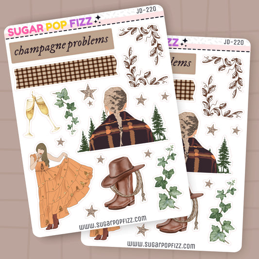 Two sheets of decorative stickers themed around taylor swift's evermore album with illustrations and text on a beige background.