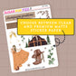Sticker sheet with various designs themed around taylor swift's evermore album on a brown background, featuring text about sticker paper options.
