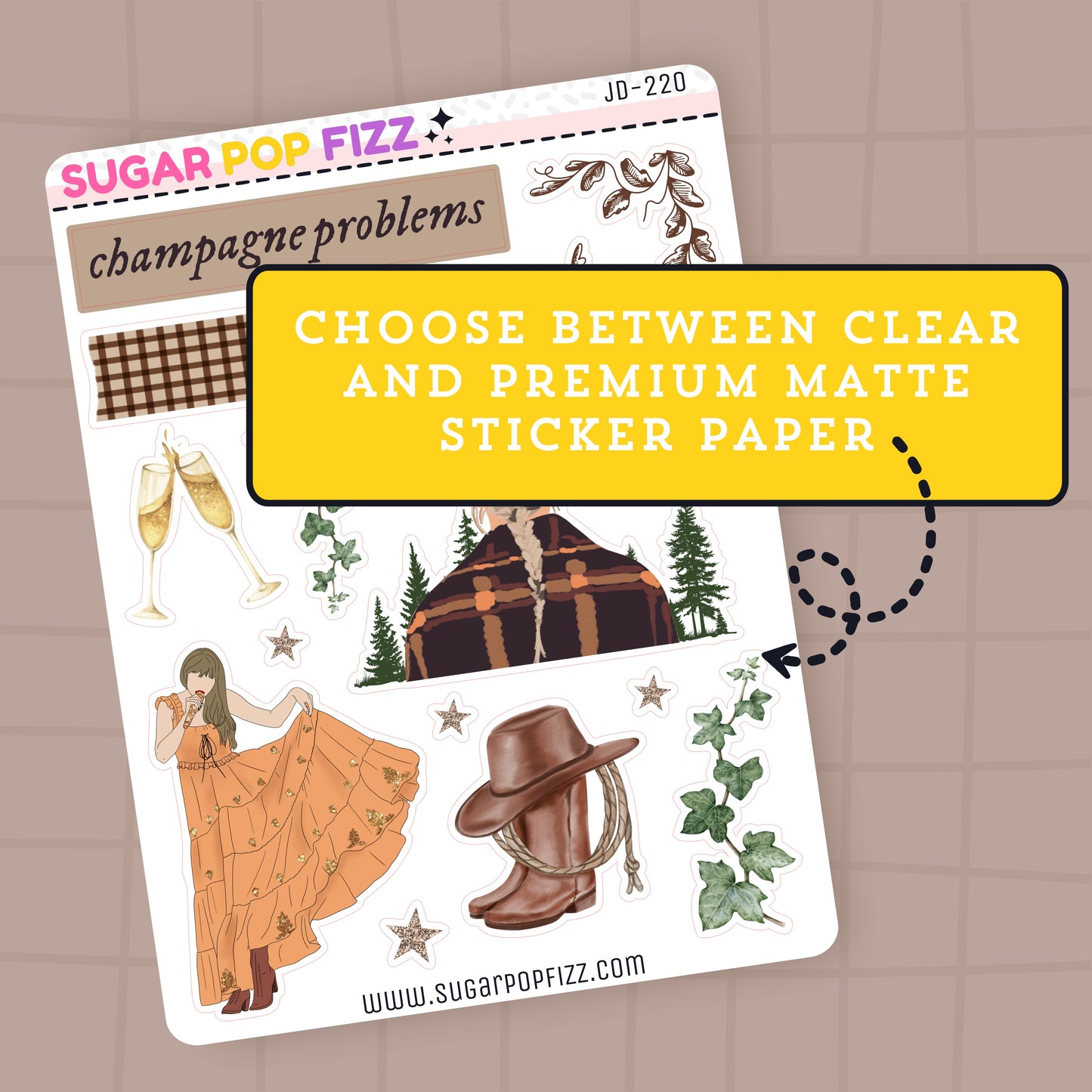 Sticker sheet with various designs themed around taylor swift's evermore album on a brown background, featuring text about sticker paper options.