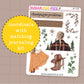 Sticker sheet with illustrations and text themed around taylor swift's evermore album on a brown background,  there is a yellow circle with text that reads " coordinate with matching journaling kit"
