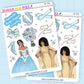 Two sheets of decorative stickers themed around the movie cinderella with brandy and whitney houston with illustrations and text on a blue background.