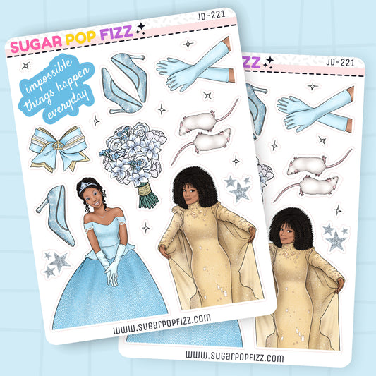 Two sheets of decorative stickers themed around the movie cinderella with brandy and whitney houston with illustrations and text on a blue background.
