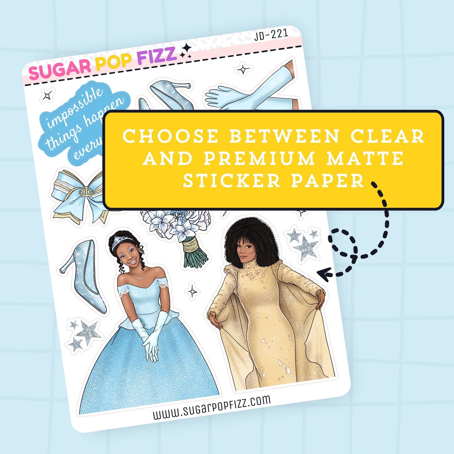 Sticker sheet with various designs themed around the movie cinderella with brandy and whitney houston on a blue background, featuring text about sticker paper options.