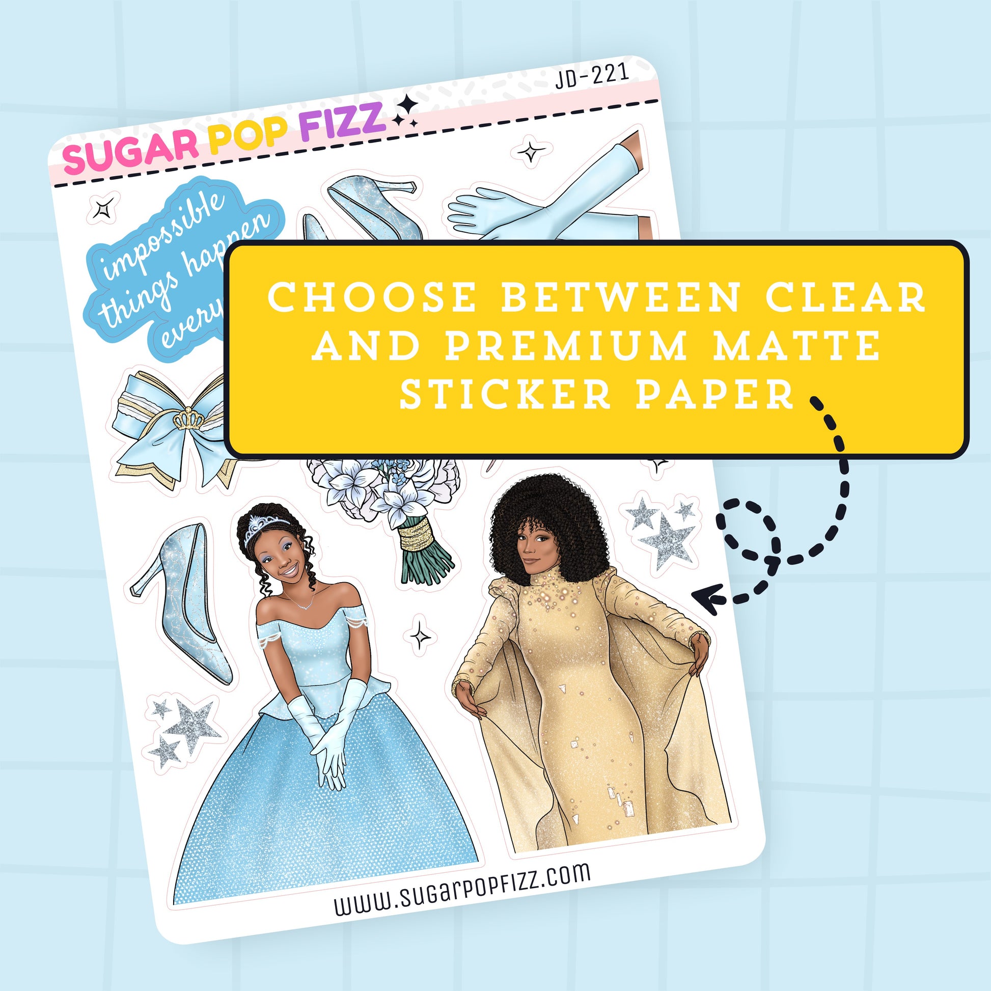 Sticker sheet with various designs themed around the movie cinderella with brandy and whitney houston on a blue background, featuring text about sticker paper options.