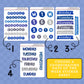 Set of days of the week and week number stickers on a blue background with text 'Choose a coordinating days of the week sticker sheet'.