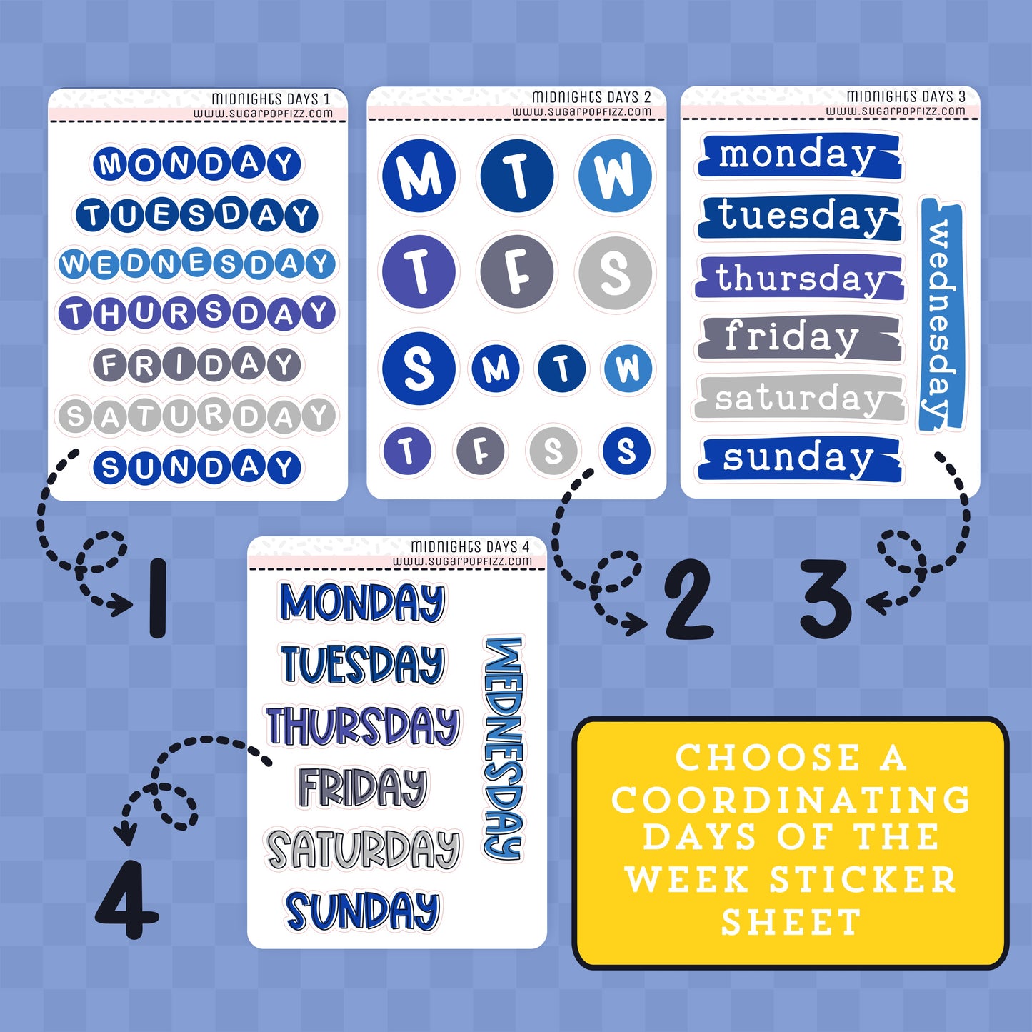 Set of days of the week and week number stickers on a blue background with text 'Choose a coordinating days of the week sticker sheet'.