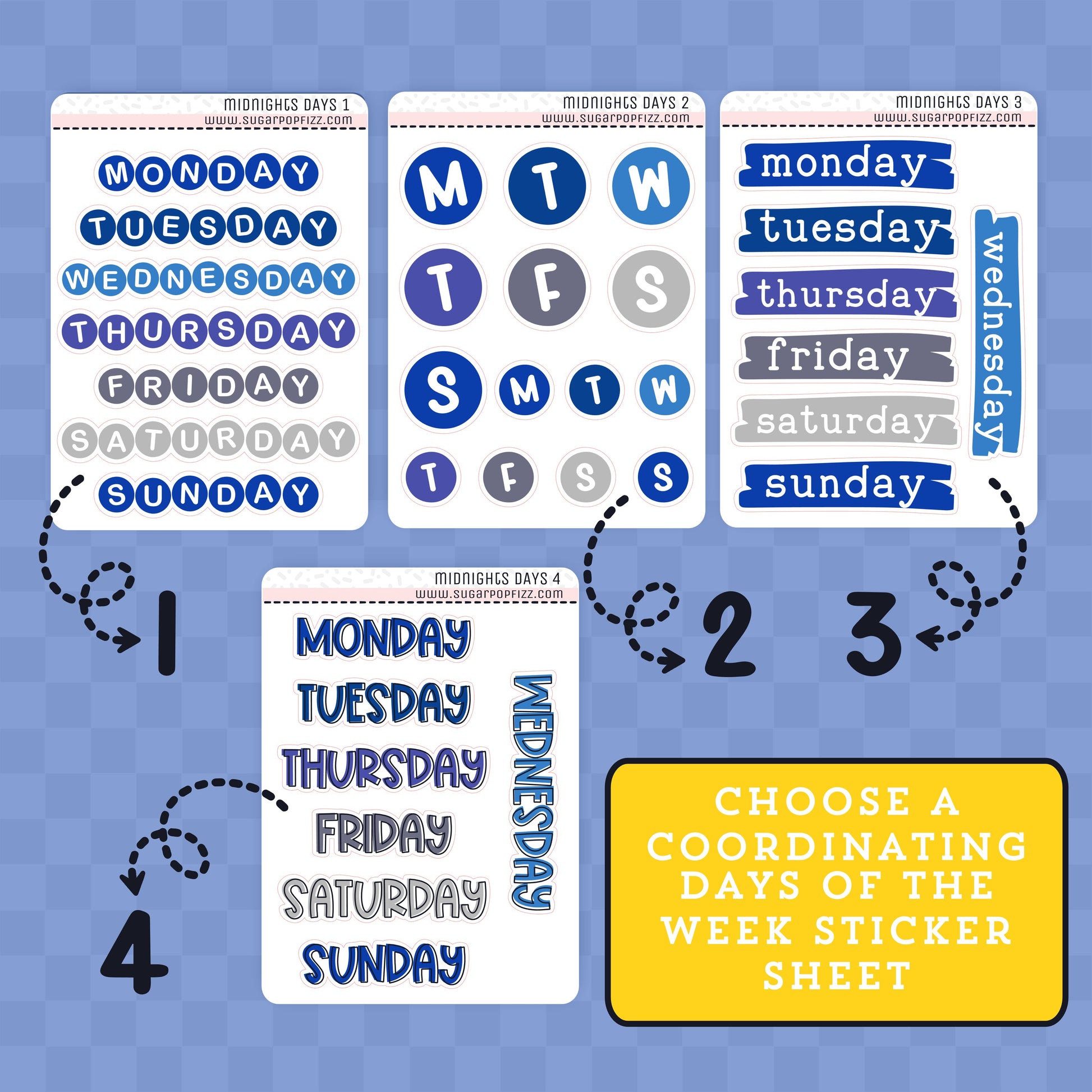 Set of days of the week and week number stickers on a blue background with text 'Choose a coordinating days of the week sticker sheet'.