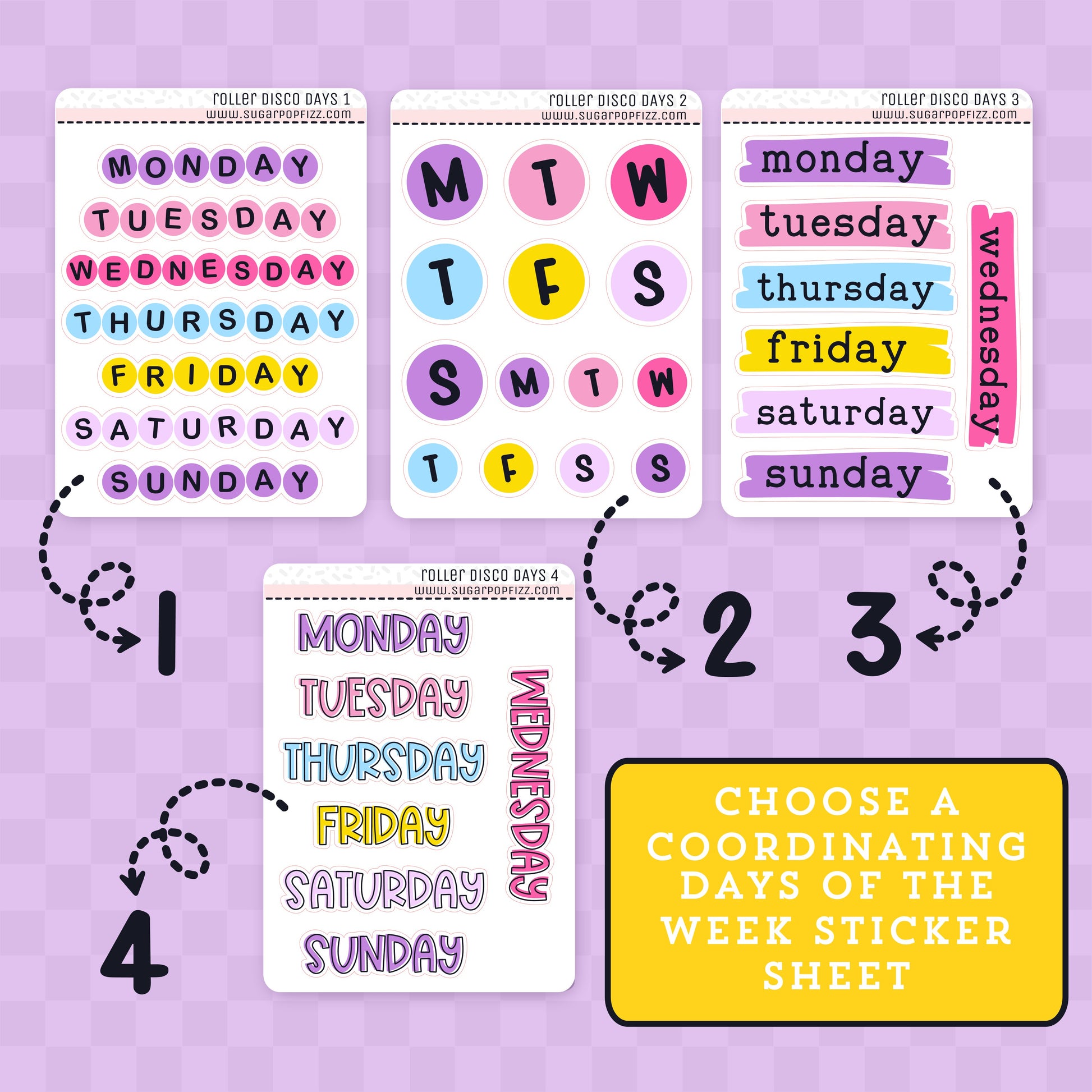 Set of days of the week stickers on a purple background with text 'Choose a coordinating days of the week sticker sheet'.
