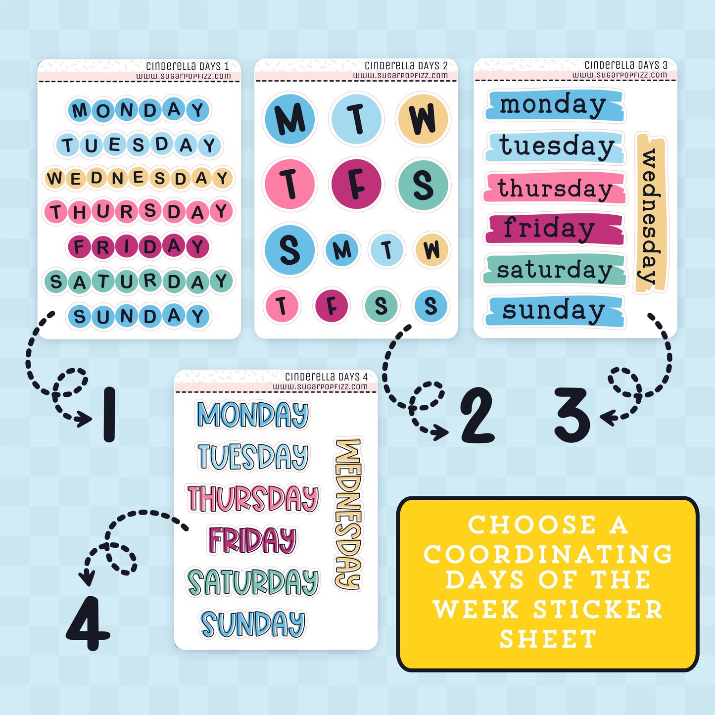 Set of days of the week stickers on a textured surface with text 'Choose a coordinating days of the week sticker sheet'. Sheet 1 is a string of circle stickers that spell out the days of the week with one letter in each circle.  Sheet 2 is a set of two circles with that first letter of each of the days of the week.  Sheet 3 is a paint swatch the days of the week in a typewriter font on each paint swatch. Sheet 4 is all capital text with a black offset outline that creates a slight shadow on each of the days