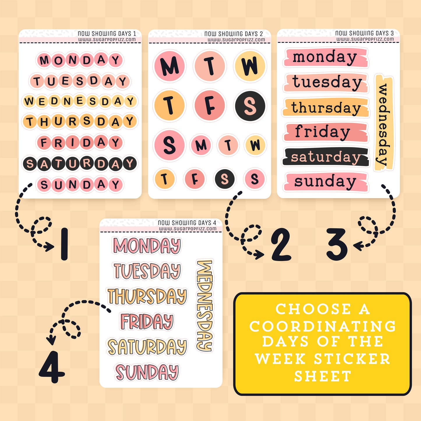 Set of days of the week stickers on a beige background with text 'Choose a coordinating days of the week sticker sheet'.