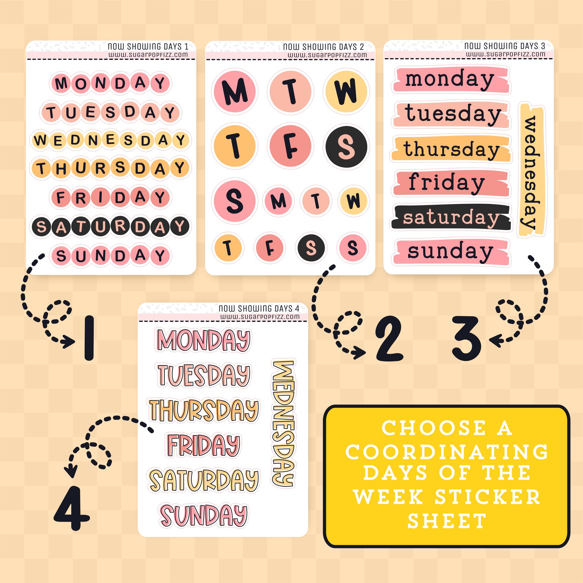 Set of days of the week stickers on a beige background with text 'Choose a coordinating days of the week sticker sheet'.