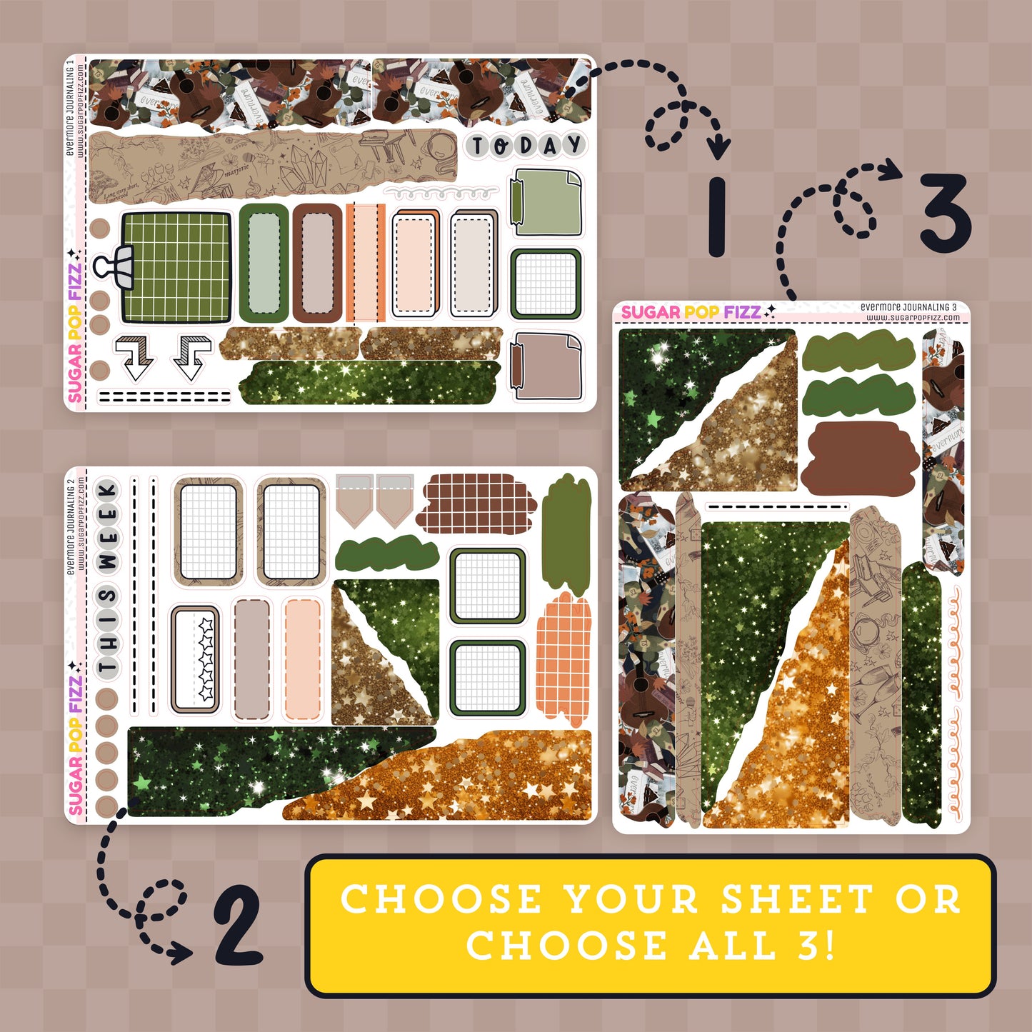 A collection of planner stickers for journaling themed around taylor swift's evermore album with text that says "choose your sheet or choose all 3!" Sheet 1 has functional and decorative stickers and text that says "today", sheet two has functional and decorative stickers with text that says "this week" and sheet 3 has decorative stickers. 