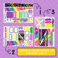 Set of colorful planner stickers with leopard print and rainbow designs on a purple background.