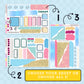 A collection of planner stickers for journaling themed around the movie cinderella with patterns and colors in blue, yellow, pink and green with text that says "choose your sheet or choose all 3!" Sheet 1 has functional and decorative stickers and text that says "today", sheet two has functional and decorative stickers with text that says "this week" and sheet 3 has decorative stickers. 