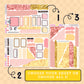 Collection of planner stickers with pink, gold, and white designs on a beige background.