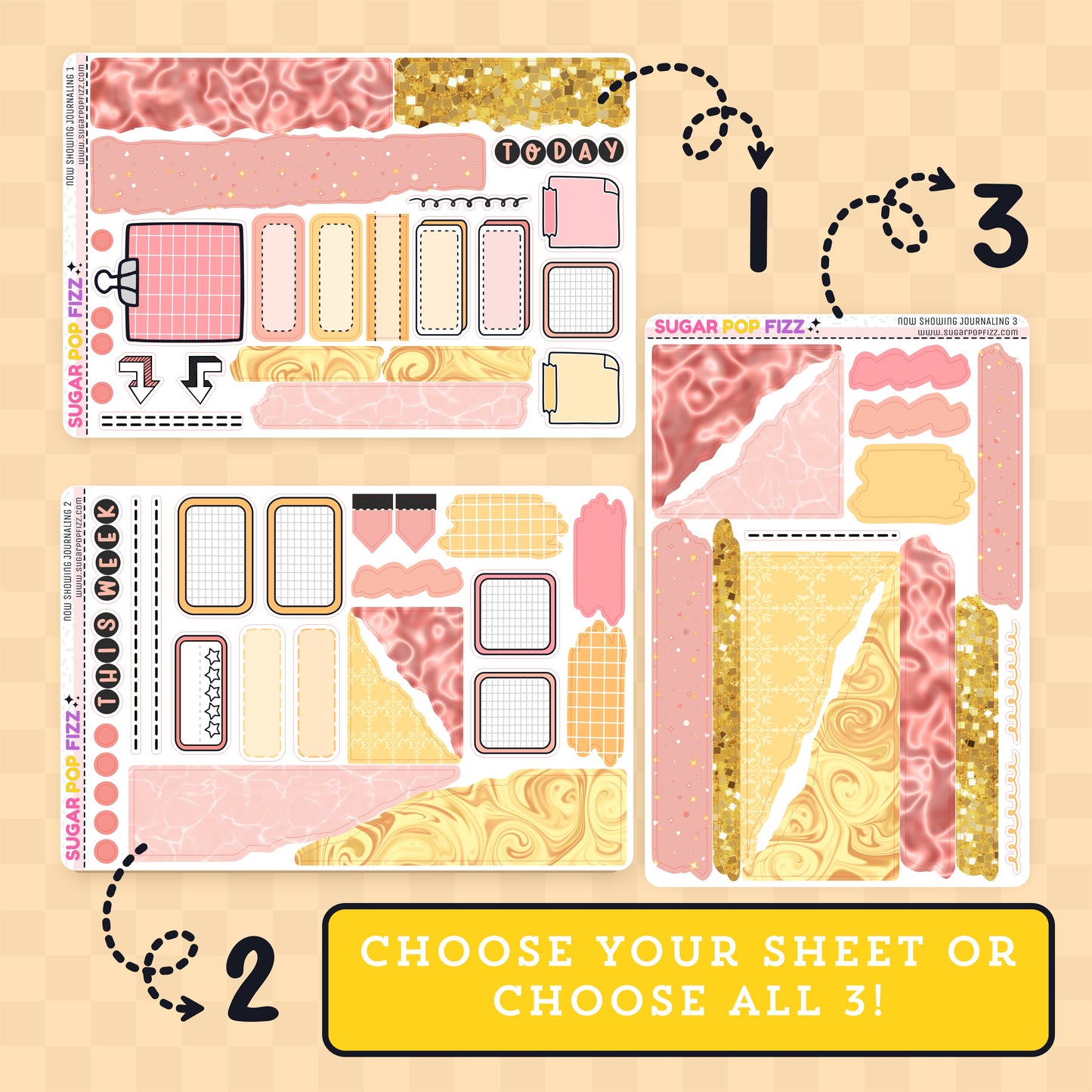 Collection of planner stickers with pink, gold, and white designs on a beige background.