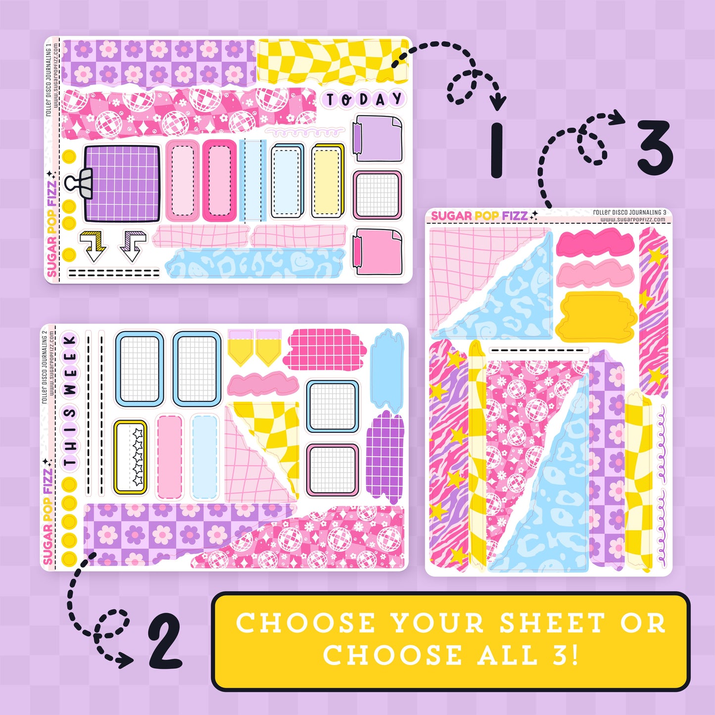 Set of colorful planner stickers on a purple background with text 'Choose Your Sheet or Choose All 3!'.