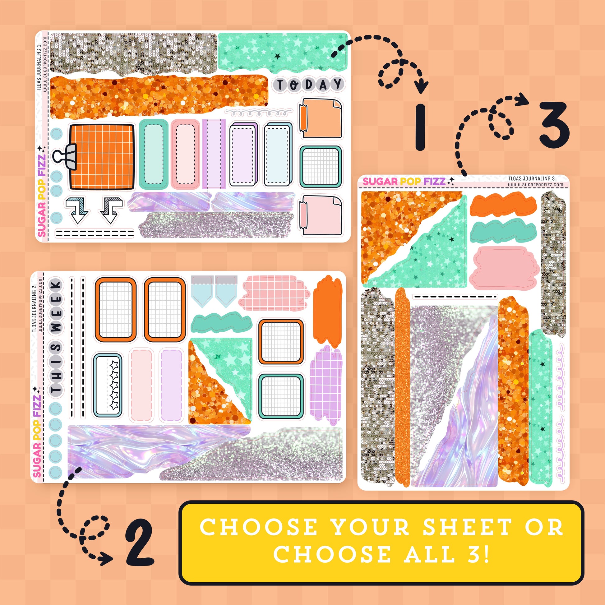 Set of planner stickers with various designs on a peach background