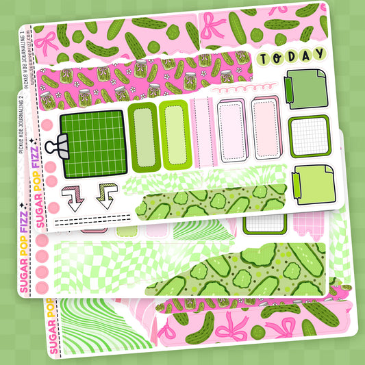 Sticker sheet with pink and green designs on a green background