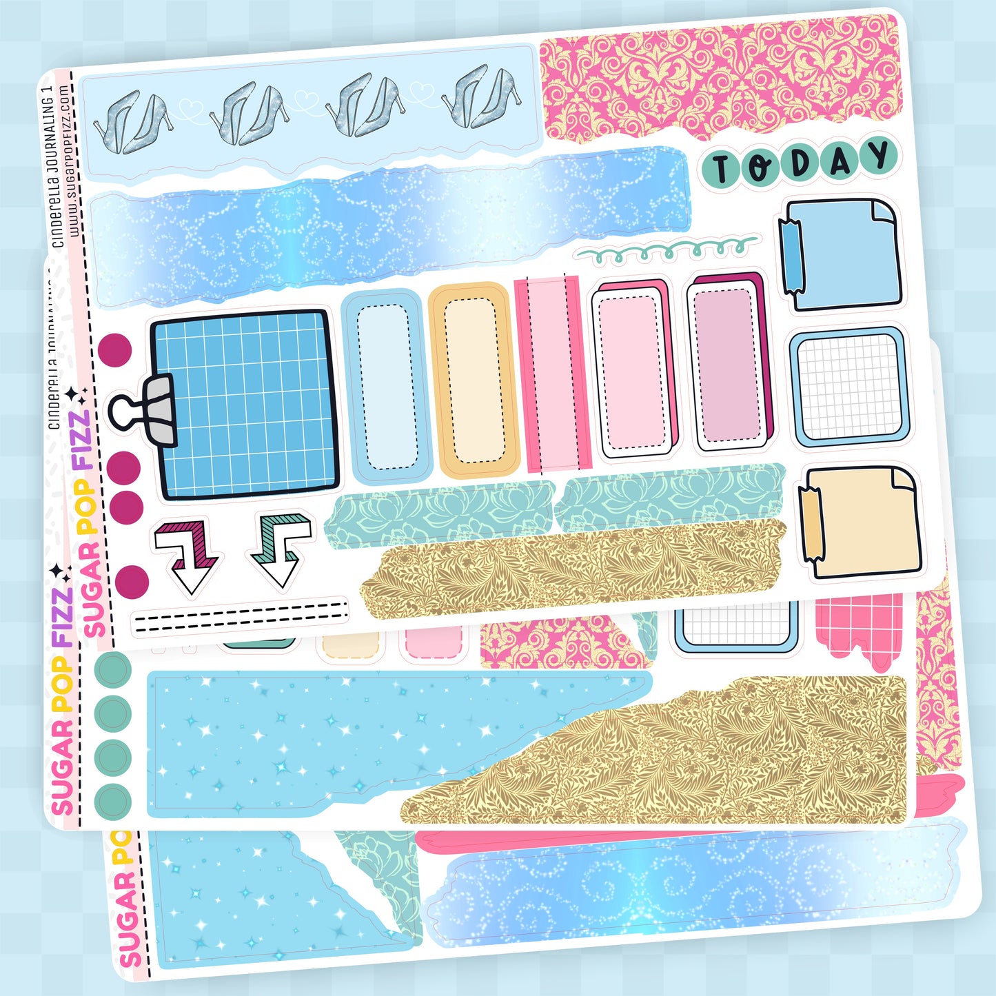 Collection of planner stickers with various designs for journaling themed around the movie cinderella with colors  and patterns in blue, yellow, pink and green on a blue background