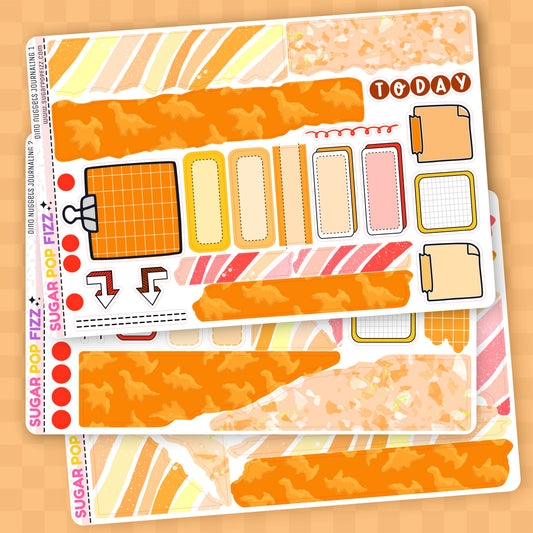 Set of planner stickers with orange and yellow design on a wooden surface