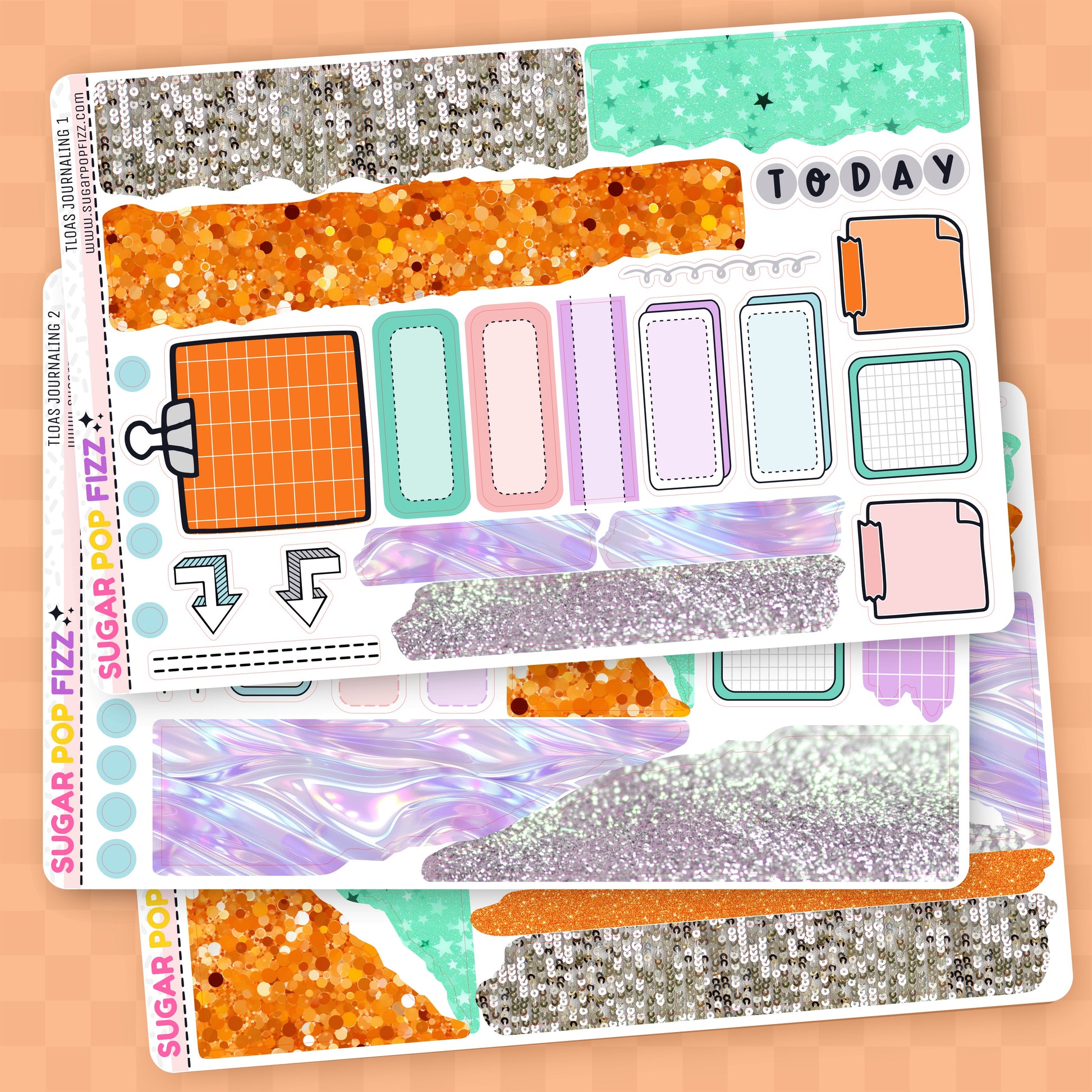 Sticker sheet with various designs and text on a beige background