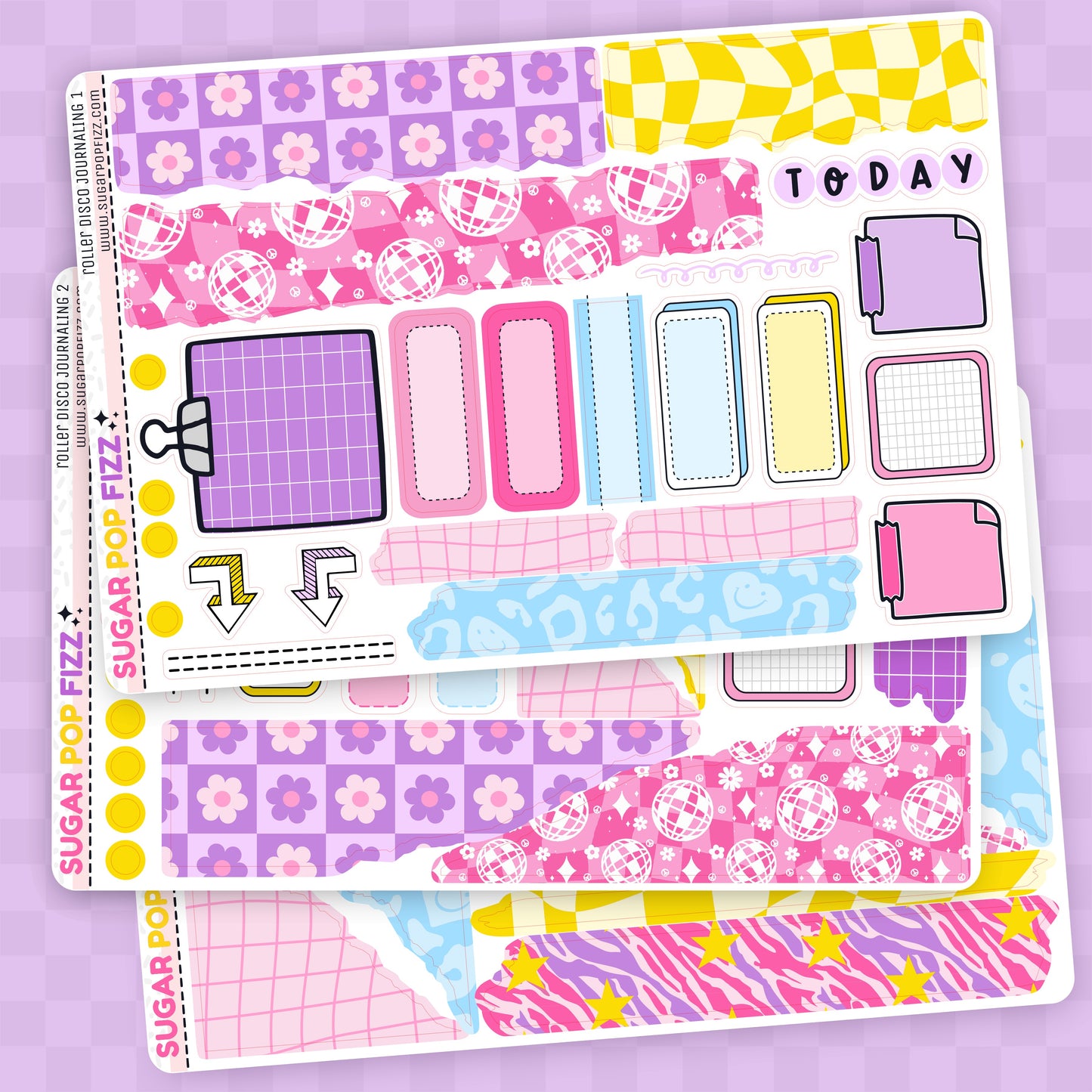 Colorful planner stickers with various designs on a purple background