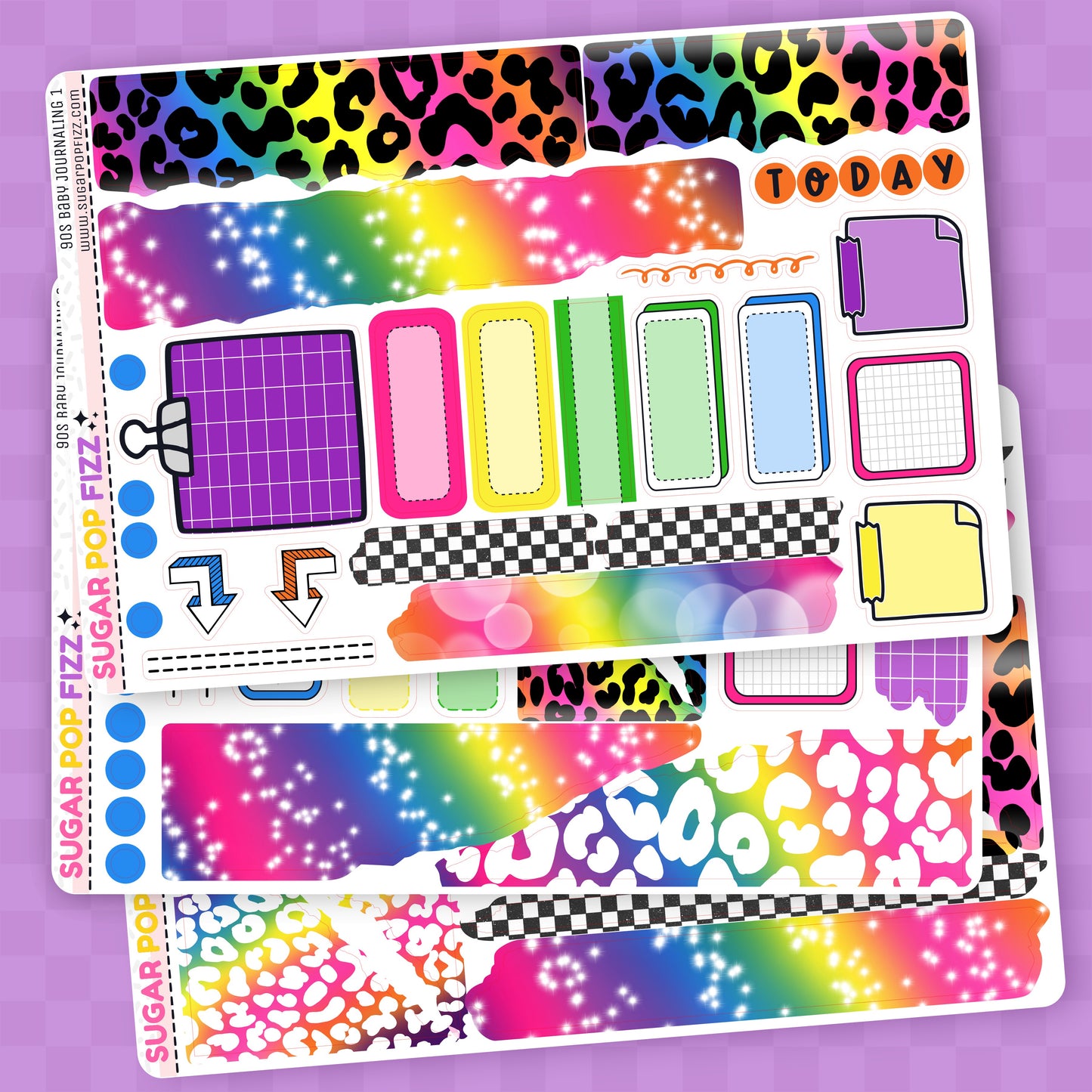 Colorful planner stickers with various designs on a purple background