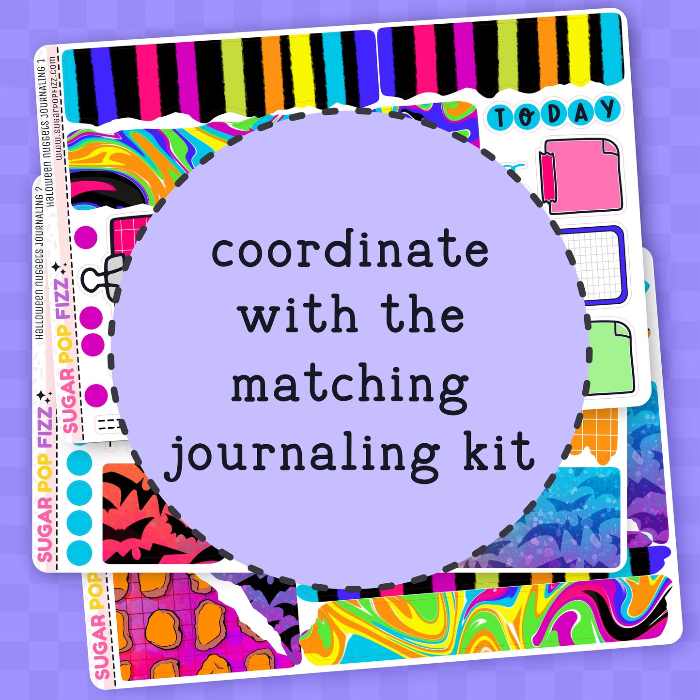 Colorful planner stickers with text on a purple background