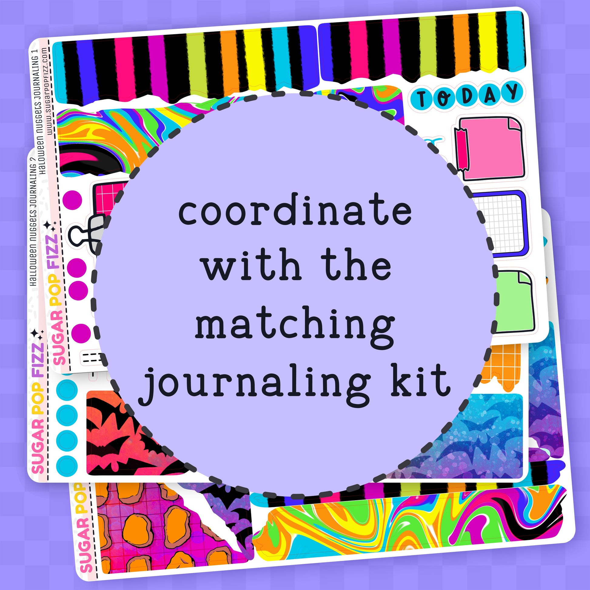Colorful planner stickers with text on a purple background