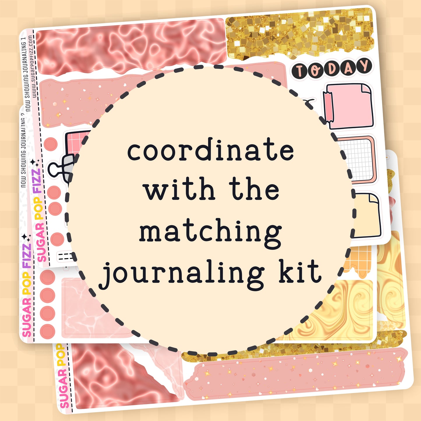 Decorative planner stickers with text 'coordinate with the matching journaling kit' on a beige background.