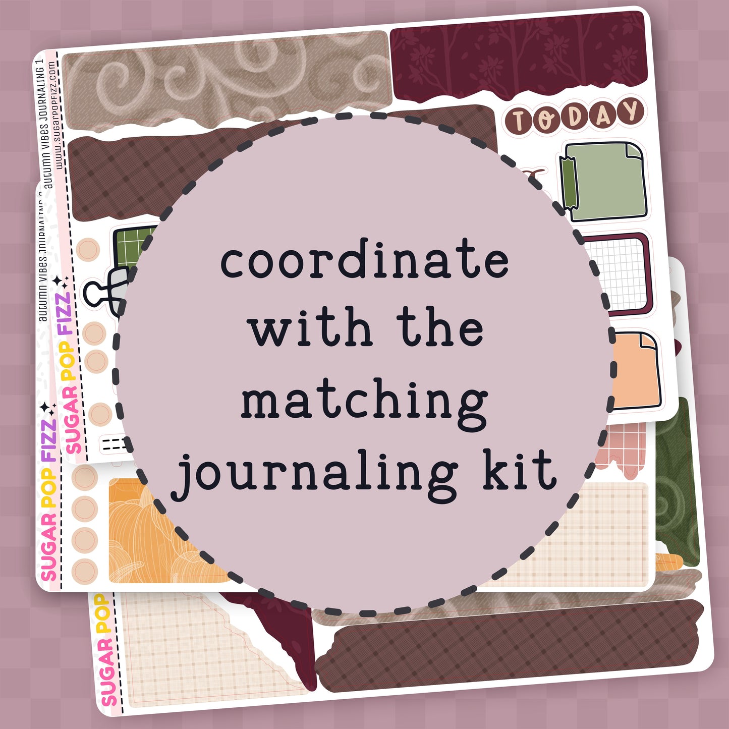 Decorative planner sticker with text 'coordinate with the matching journaling kit' on a patterned background.