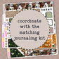 Sticker sheet with text 'coordinate with the matching journaling kit' on a decorative background.