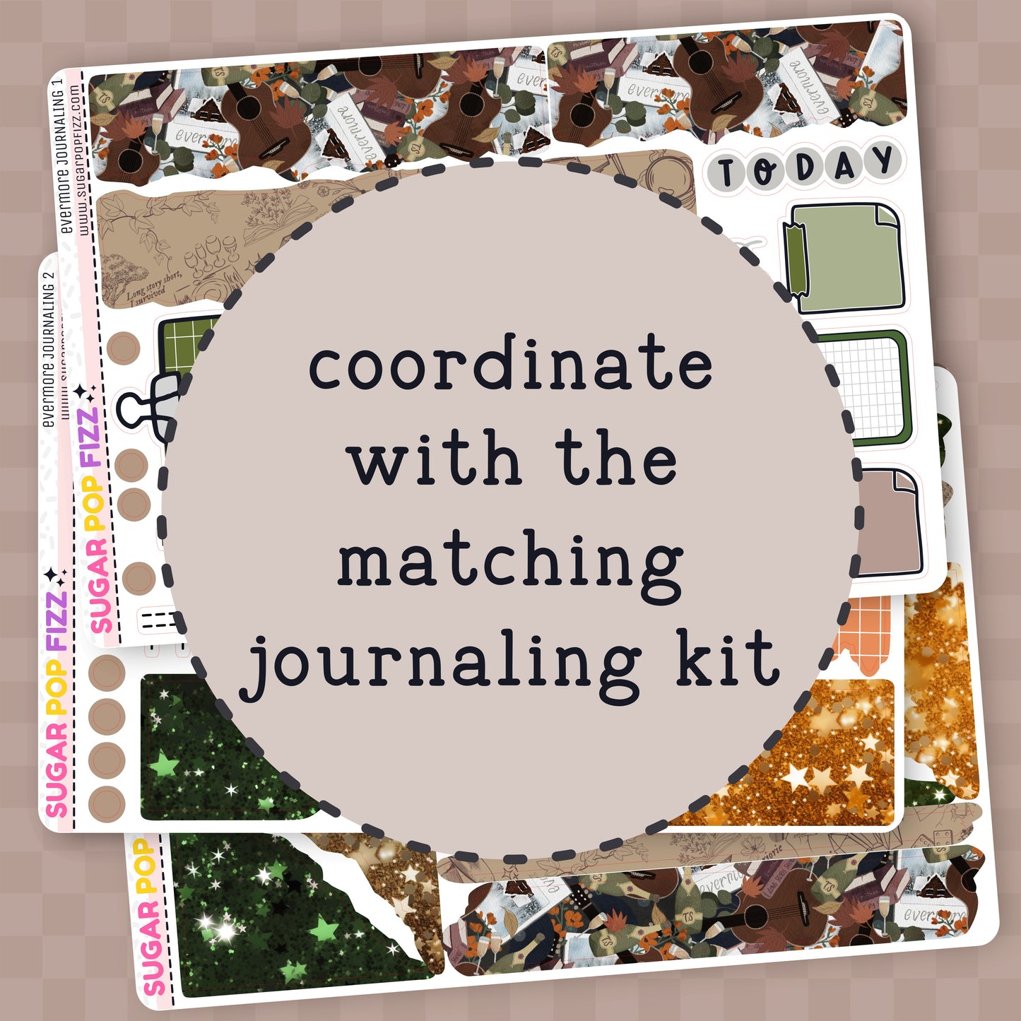 Sticker sheet with text 'coordinate with the matching journaling kit' on a decorative background.
