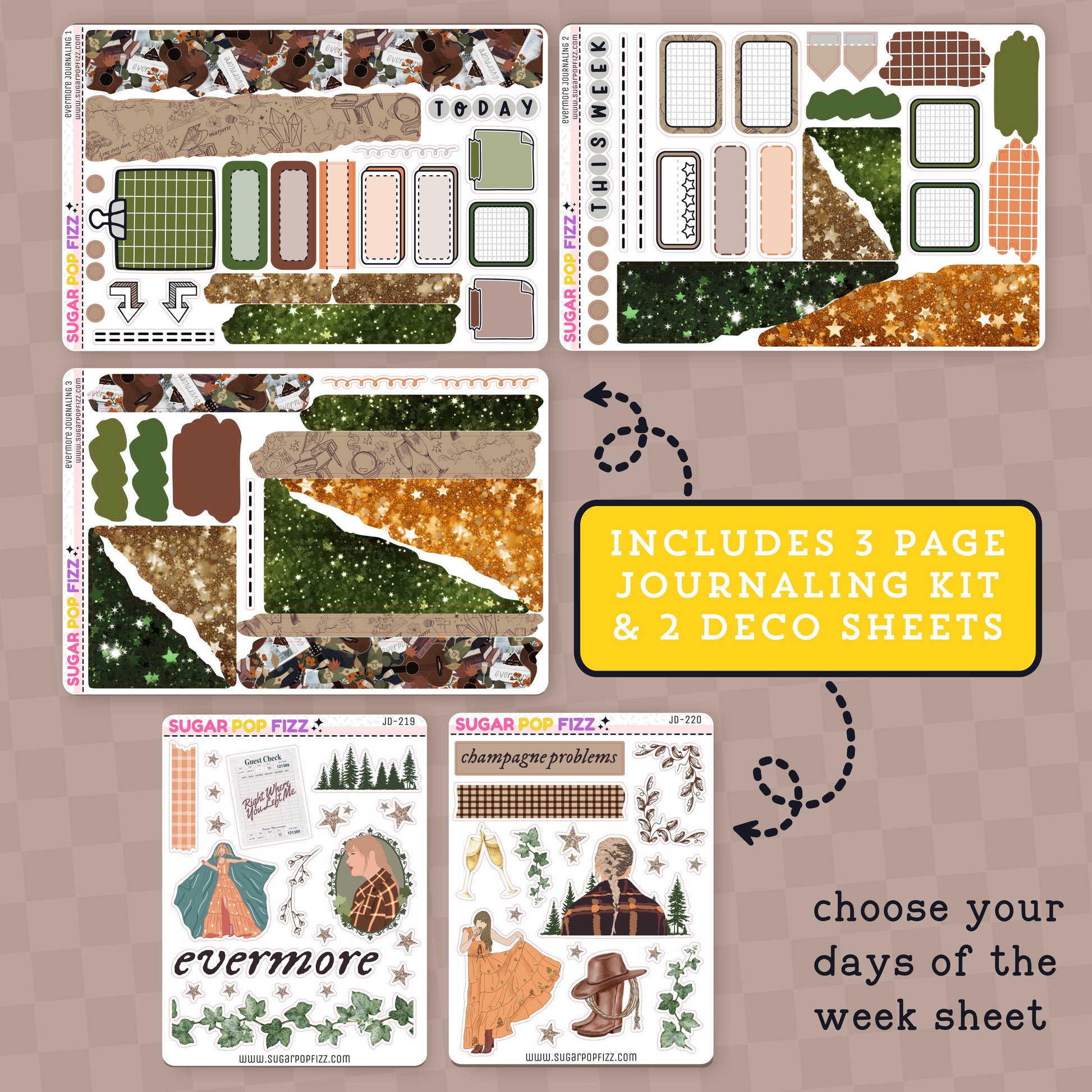 Collection of planner stickers with text indicating a journaling kit and two deco sheets themed around taylor sift's evermore album on a brown background.
