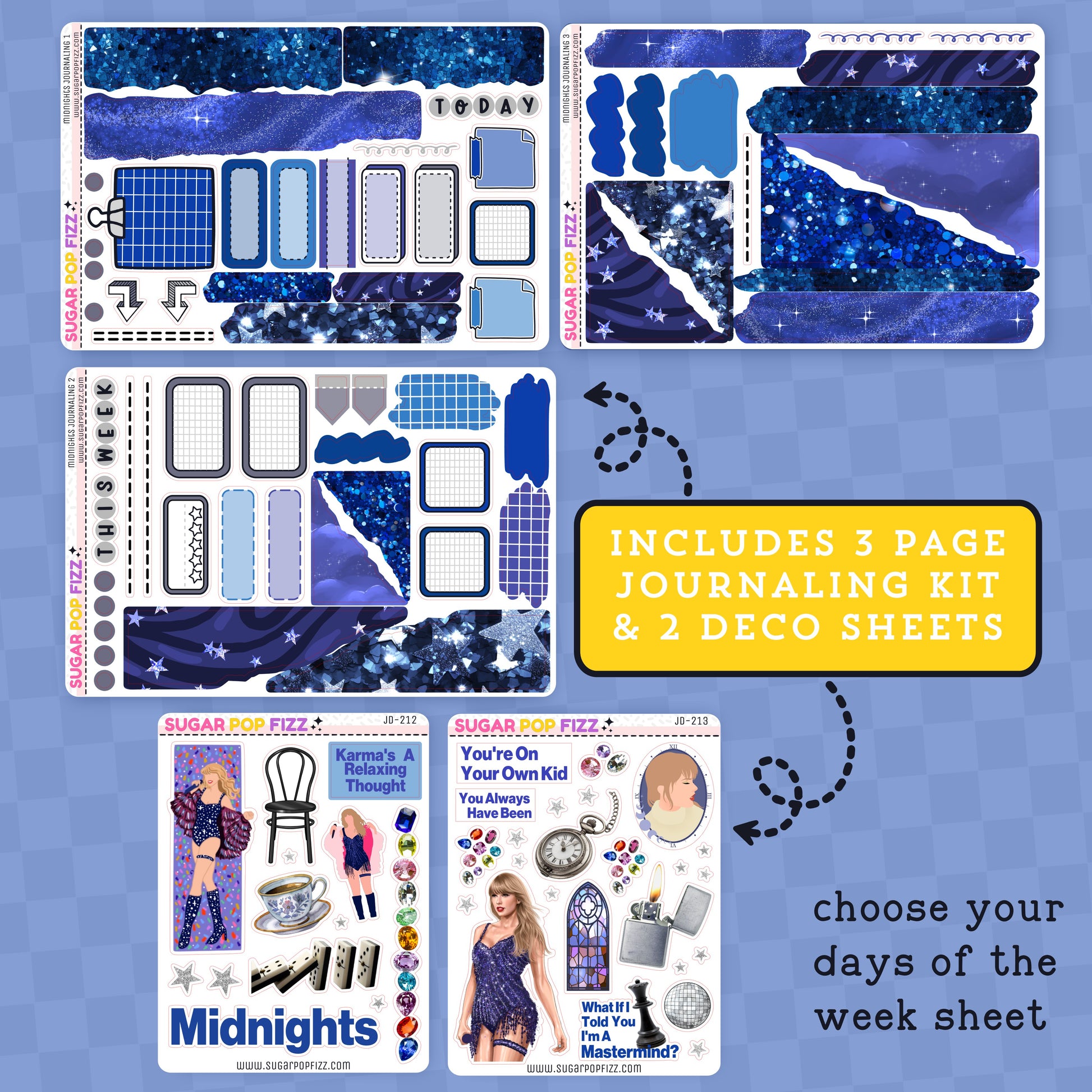 Sticker kit with blue design elements and text on a blue background