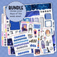 Collection of planner stickers with text 'BUNDLE choose your days of the week sheet' on a blue background.