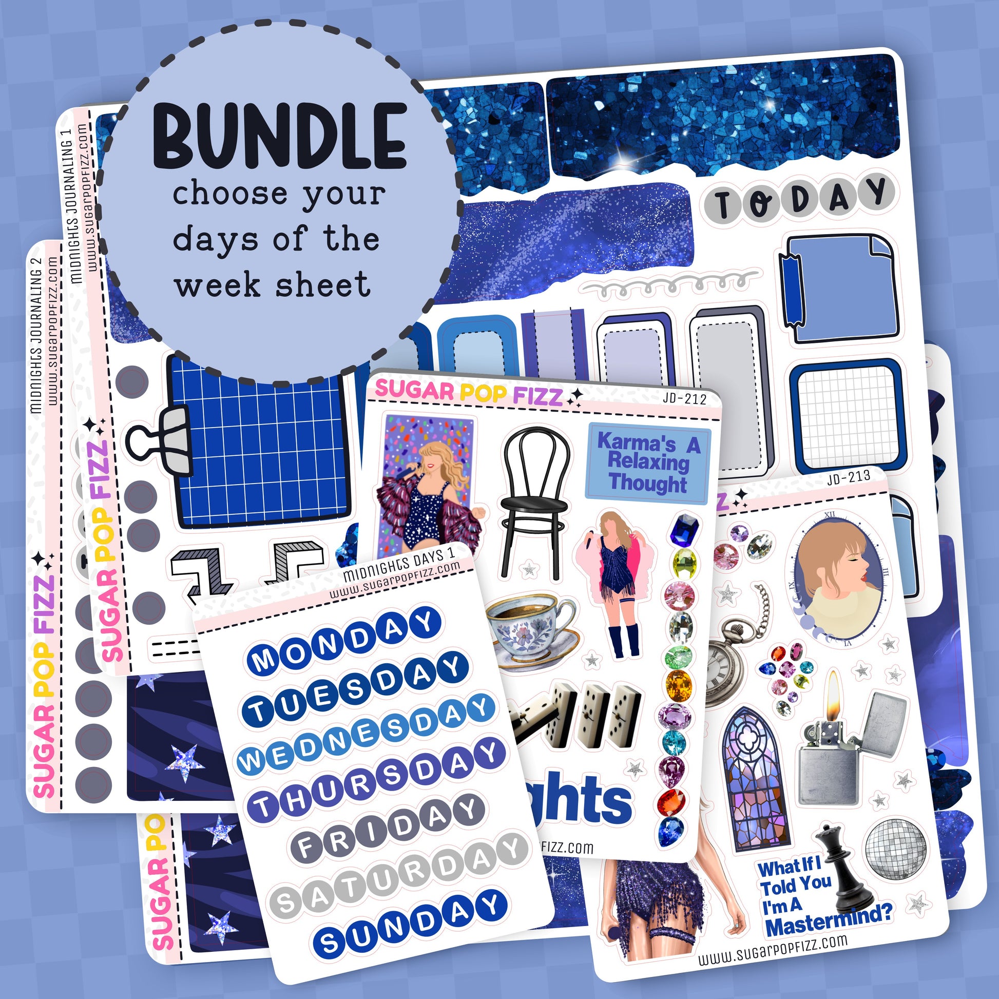 Collection of planner stickers with text 'BUNDLE choose your days of the week sheet' on a blue background.
