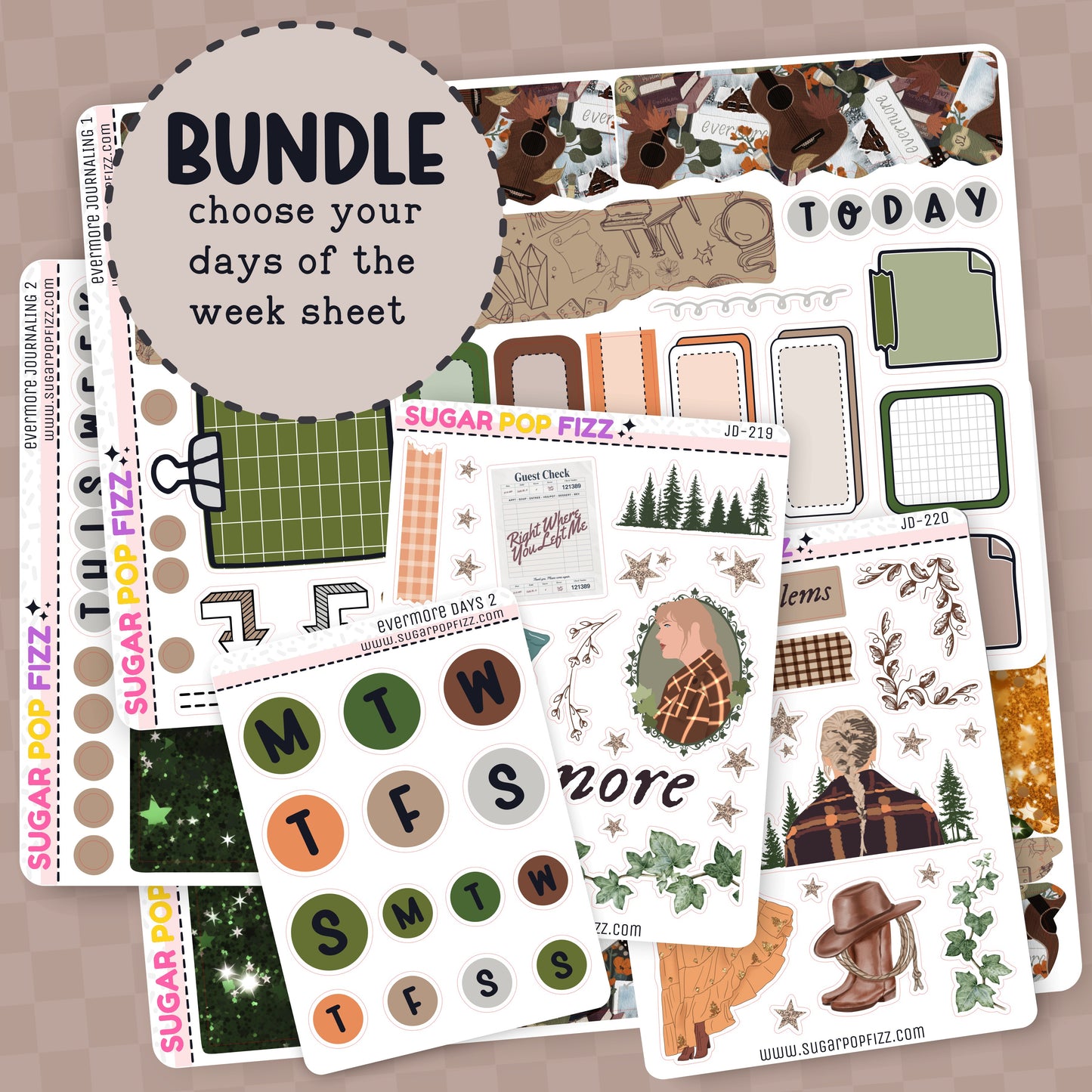 Collection of planner stickers with various designs for journaling themed around taylor swift's evermore album on a beige background